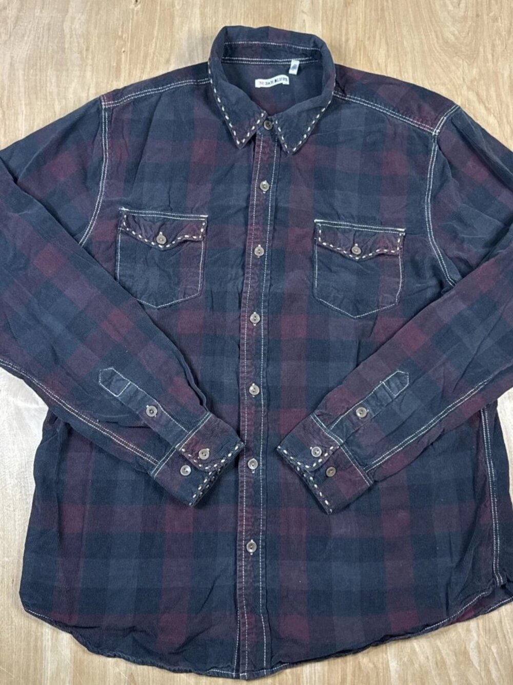 32 Bar Blues Mens Plaid Corduroy Long Sleeve Button Up Shirt Size Large